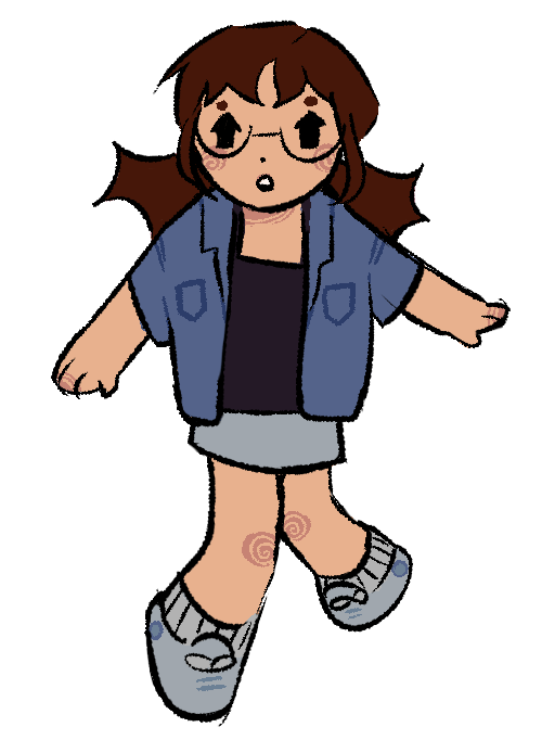 tooltip saying 'hi, i'm kati! this is me!' about a floating illustrated image of kati. brown hair in pigtails and glasses with a black tank top, skirt and an open blouse layered on top. her mouth is agape and she has a million yard stare.